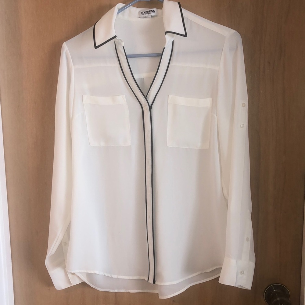 Express Classy Portofino Blouse Off-white Black Trim Semi-Sheer Size Small